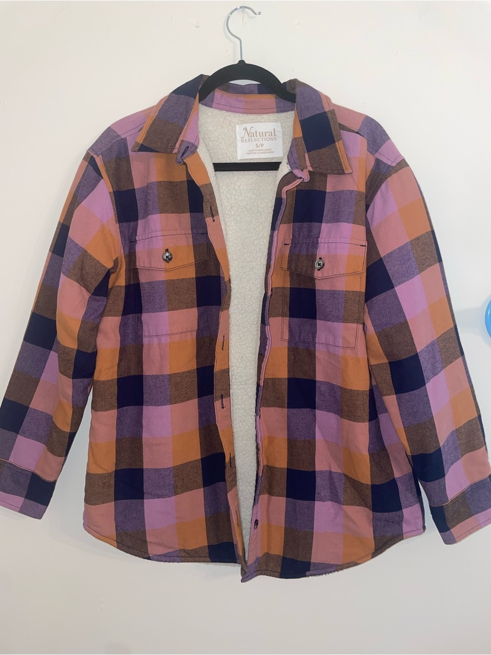 Natural Reflections Pink, Orange & Navy Plaid Sherpa-Lined Button Shirt